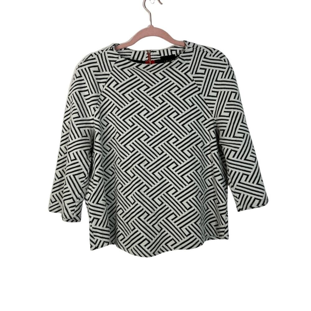 W5 Black & White Geometric Structured Print 3/4 Sleeves‎  Boxy  Knit Top Size L